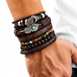 meskie-bransoletki-skorzane-boho-vintage-zestaw-koraliki-regulowane-komplet