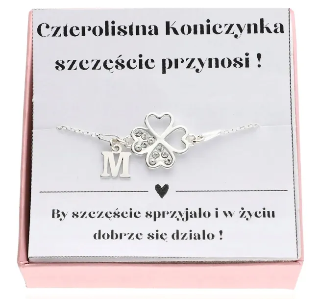 Srebrna bransoletka z koniczynką na szczęście DOWOLNA LITERKA PUDEŁKO 925