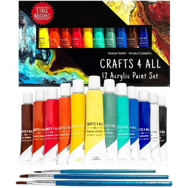 FARBY AKRYLOWE ZESTAW FARB AKRYLOWYCH DUŻE TUBKI 12x12ml + 3xPĘDZLE