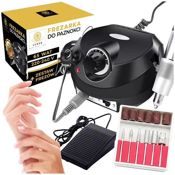 PROFESJONALNA FREZARKA DO PAZNOKCI MANICURE PEDICURE 65W MOCNA + FREZY