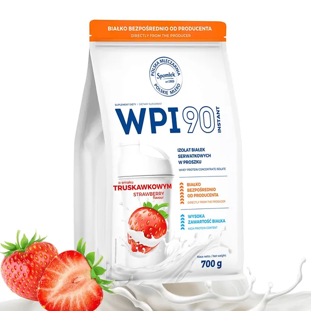 Izolat Białka Serwatkowego WPI90 Białko serwatkowe Truskawkowy 700g SPOMLEK