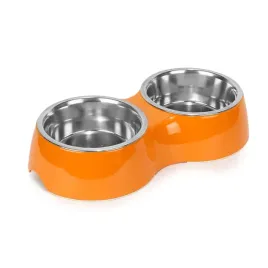 podwojna-miska-dla-psa-kota-2x160-ml-melamina-stal-nierdzewna-pomaranczowa