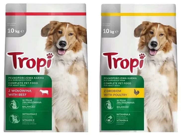 Tropi karma sucha dla psów 20 kg wołowiną 10 kg + 10 kg z drobiem