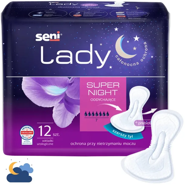 Wkładki urologiczne NA NOC z prebiotykiem SENI LADY SUPER NIGHT 12 sztuk