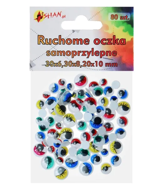 Ruchome oczka samoprzylepne kolorowe 6,8,10mm 80sz