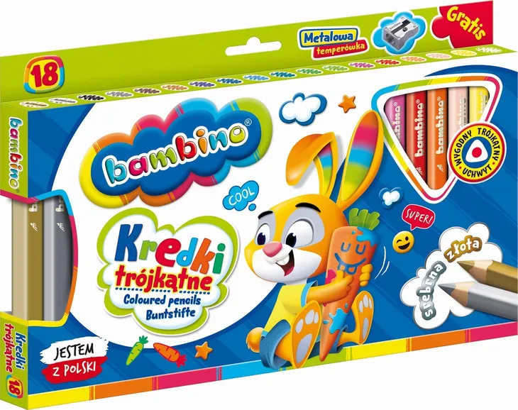 Kredki trójkątne grube + temperówka Bambino 18k