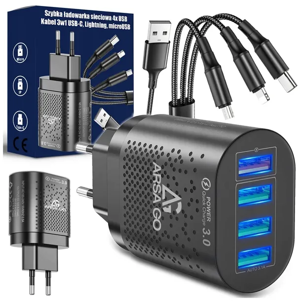 SZYBKA ŁADOWARKA DO TELEFONU KOSTKA 4X USB SZYBKIE ŁADOWANIE I KABEL 3W1