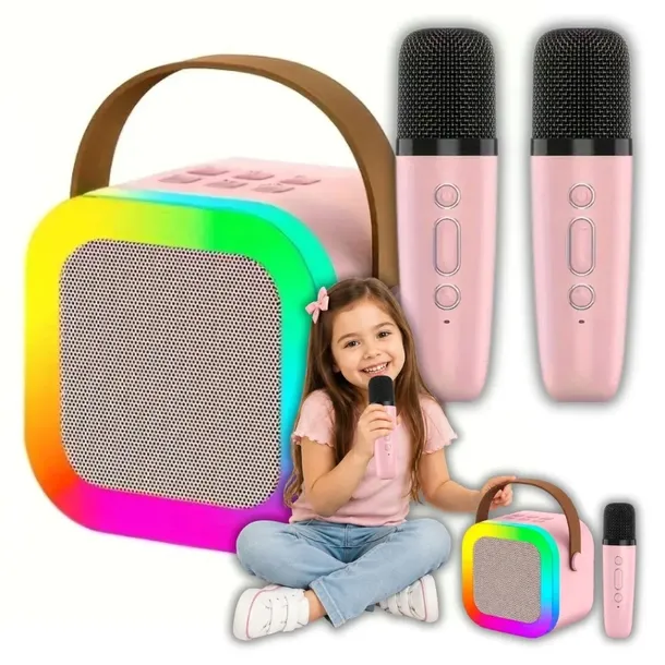 Zestaw Karaoke Bezprzewodowy 2 Mikrofony Głośnik Bluetooth RGB Dla Dzieci