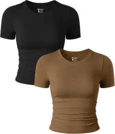 damski-crop-top-komplet-2-krotki-rekaw-marszczony-wygodny-czarny-kawowy
