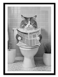 obraz-plakat-w-ramie-do-lazienki-wc-toalety-kot-na-kiblu-gazeta-p2624-33x43