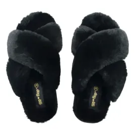 kapcie-damskie-flip-flop-cross-futrzane-czarne-z-krzyzowanymi-paskami