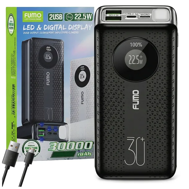 POWERBANK FUMO SZYBKIE ŁADOWANIE 30000mAh 22.5W USB-C USB-A PD + QC 3.0