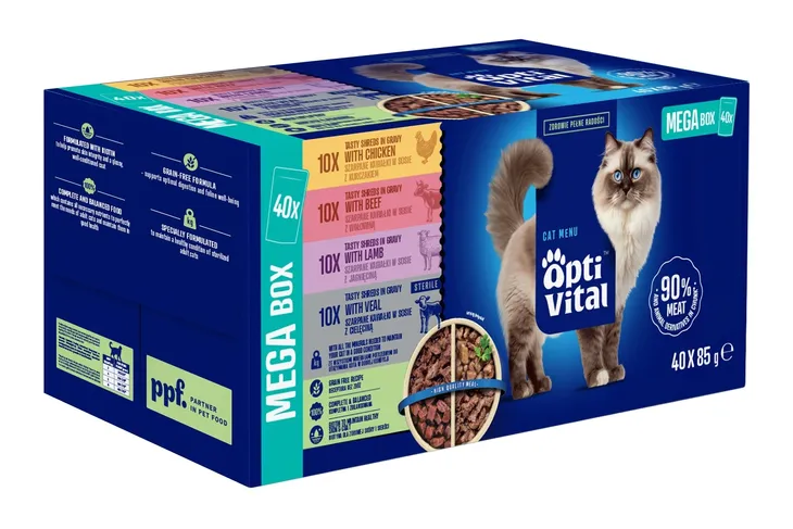 MOKRA KARMA DLA KOTA OPTIVITAL MEGA BOX SASZETKI MIX SMAKÓW W SOSIE 40X85G
