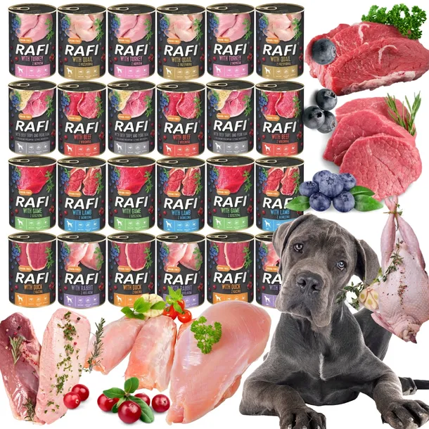 RAFI Dla Psa 24x 400g Mokra Karma Mix 8 Smaków Zestaw Dolina Noteci Puszki