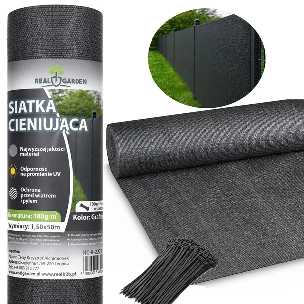 Siatka Cieniująca 1,5x50m Maskująca 95% na Ogrodzenie Płot UV 180g + OPASKI