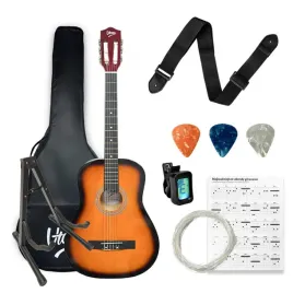 gitara-akustyczna-klasyczna-4-4-pelen-zestaw-stojak-kostki-stroik-pasek