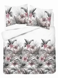 posciel-satynowa-160x200-biala-z-liscmi-palmowymi-i-rozowymi-hibiskusami
