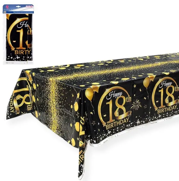Obrus foliowy plamoodporny czarny złoty na 18-stkę 137×274 cm urodziny