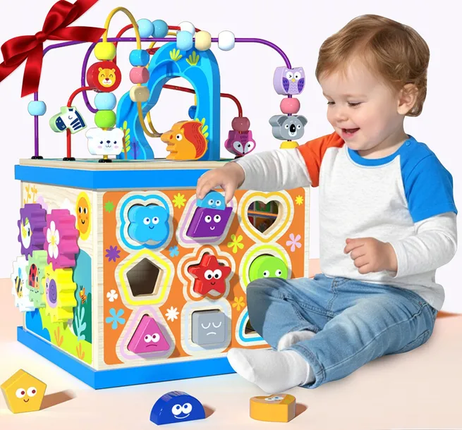 DREWNIANA KOSTKA EDUKACYJNA MONTESSORI 8W1 + LABIRYNT prezent na roczek XXL