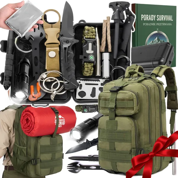 ZESTAW AWARYJNY SURVIVALOWY 33w1 PLECAK NÓŻ LATARKA KRZESIWO + GRATIS XXL