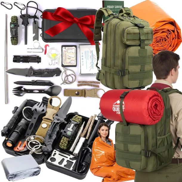 PLECAK 35L ŚPIWÓR + ZESTAW SURVIVALOWY PRZEŻYCIA EWAKUACYJNY DUŻY XXL 34w1