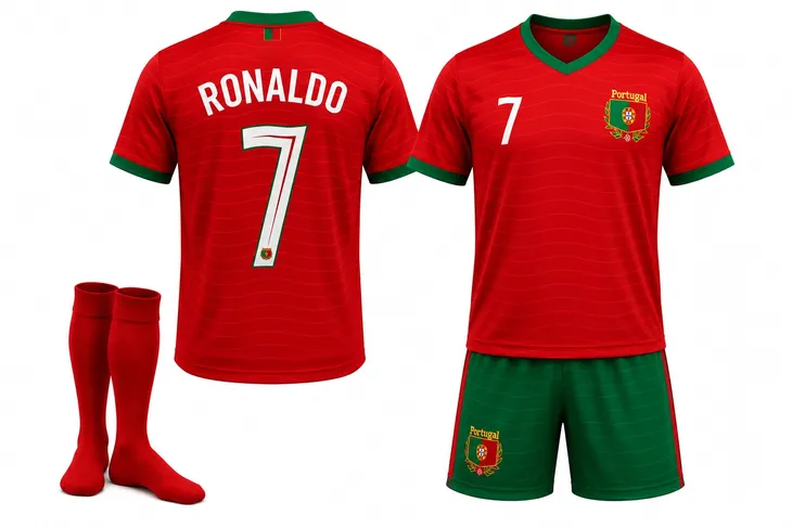 STRÓJ PIŁKARSKI - KOSZULKA SPODENKI GETRY - RONALDO PORTUGALIA rozm. 104 cm