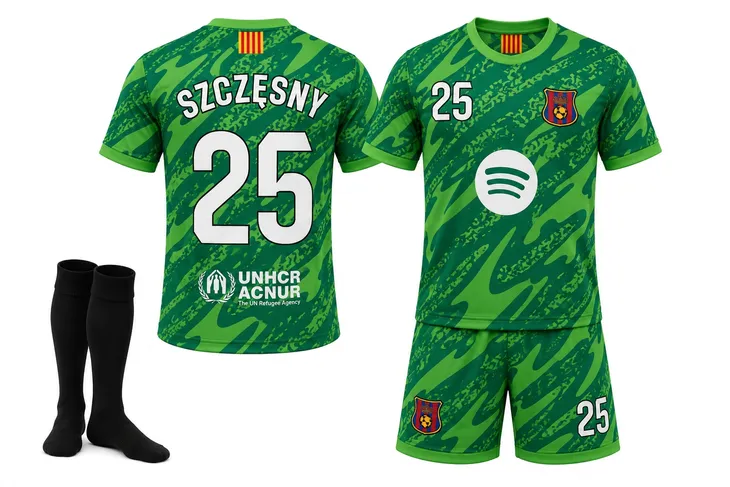 STRÓJ PIŁKARSKI - KOSZULKA SPODENKI GETRY - SZCZĘSNY BARCELONA rozm. 128 cm