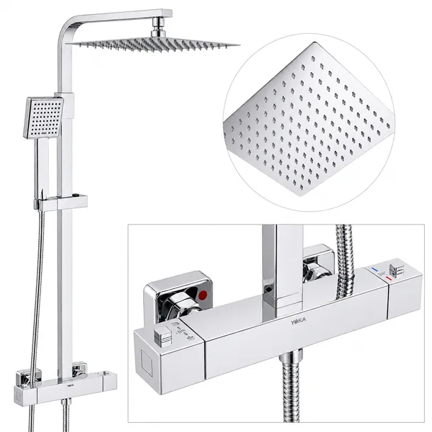 Zestaw Prysznicowy Termostatyczny Chrom Deszczownica 25 cm ANTI-CALC kolumna z baterią
