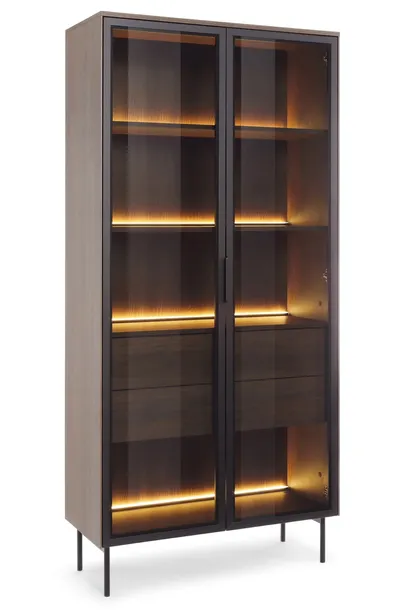 Witryna dwudrzwiowa przeszklona Lumi dwie szuflady 91 cm dąb dunin LED