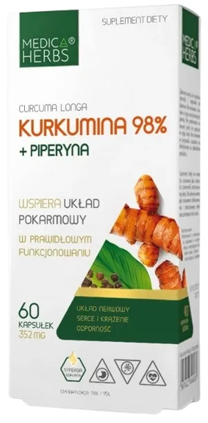 Medica Herbs Kurkumina 98% + Piperyna Układ krążenia Odporność Serce 60kaps