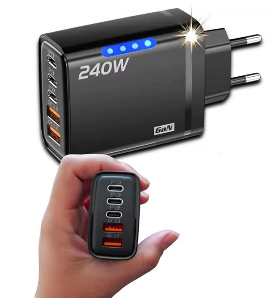 ŁADOWARKA SIECIOWA DO TELEFONU TABLETA SZYBKA 240W 5 PORTÓW GaN USB-C 3.0 (czarna)