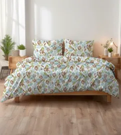 posciel-z-kory-200x220-biala-w-liscie-zielone-niebieskie-i-brazowe