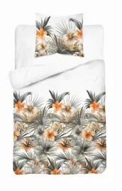 posciel-satynowa-140x200-biala-w-pomaranczowe-kwiaty-i-palmy
