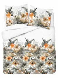 posciel-satynowa-160x200-biala-w-pomaranczowe-kwiaty-i-palmy