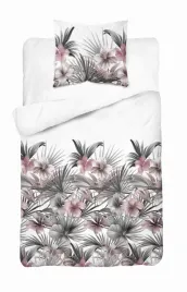 posciel-satynowa-140x200-biala-z-liscmi-palmowymi-i-rozowymi-hibiskusami