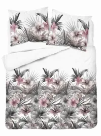 posciel-satynowa-160x200-biala-z-liscmi-palmowymi-i-rozowymi-hibiskusami