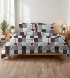 posciel-z-kory-160x200-bezowo-brazowa-patchwork-w-gwiazdy-i-kratke