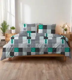 posciel-z-kory-140x200-patchwork-czarno-bialo-turkusowa-w-gwiazdy-i-krate