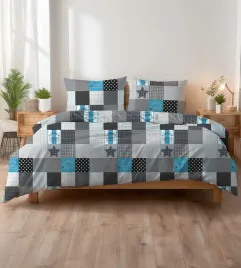posciel-z-kory-160x200-patchwork-czarno-bialo-szara-turkusowa-w-gwiazdy