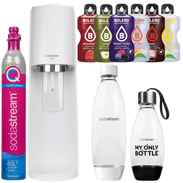 SATURATOR DO WODY SODASTREAM TERRA BIAŁY 2 BUTELKI NABÓJ CO2 + 6 NAPOJÓW