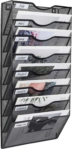 Eleganckie półki na dokumenty, metalowy naścienny organizer 8 półek, czarny