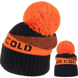 czapka-damska-kobieca-so-cold-we-wzor-z-pomponem-czarny-pomaranczowy