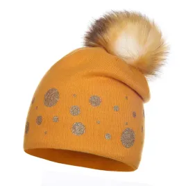 czapka-damska-zimowa-ocieplana-z-polarem-na-zime-blyszczace-kropki-zolta
