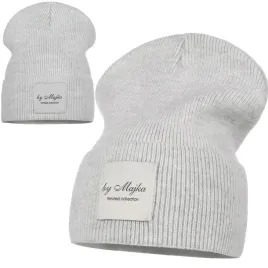 szary-czapka-damska-zimowa-jesienna-prazek-beanie-naszywka-majka