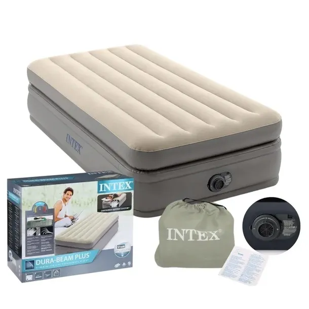 Materac jednoosobowy INTEX 64162 beżowy szary z wbudowaną pompką
