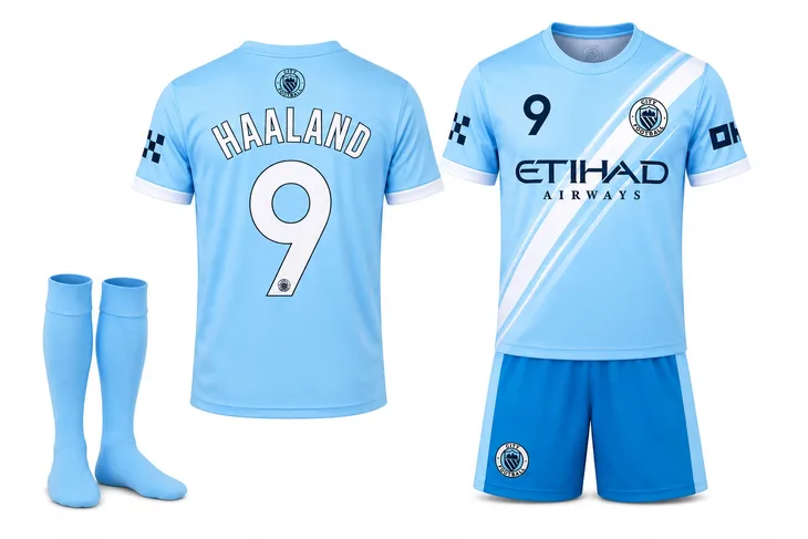 STRÓJ PIŁKARSKI - KOSZULKA SPODENKI GETRY - HAALAND MANCHESTER CITY rozm. 140 cm