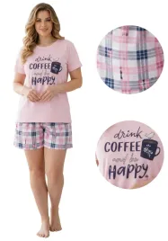 pizama-damska-bawelniana-drink-coffee-kratka-jasny-roz-krotka-3xl