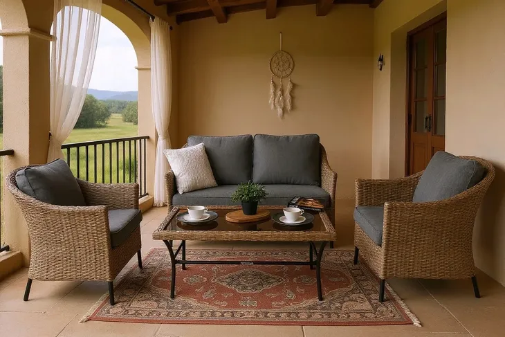 MEBLE OGRODOWE ZESTAW TECHNORATTAN 2 FOTELE + SOFA + STOLIK + PODUCHY 4 os.