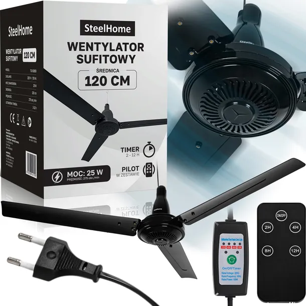 WENTYLATOR SUFITOWY 120 CM WIATRAK DO DOMU BIURA CICHA PRACA PILOT + TIMER