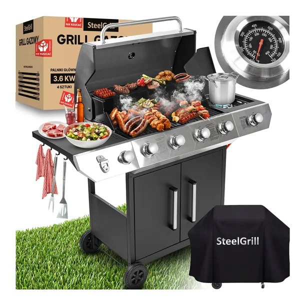 GRILL GAZOWY OGRODOWY NIERDZEWNY 4+1 17,4kW TIMER ŻELIWNY RUSZT Z POKROWCEM